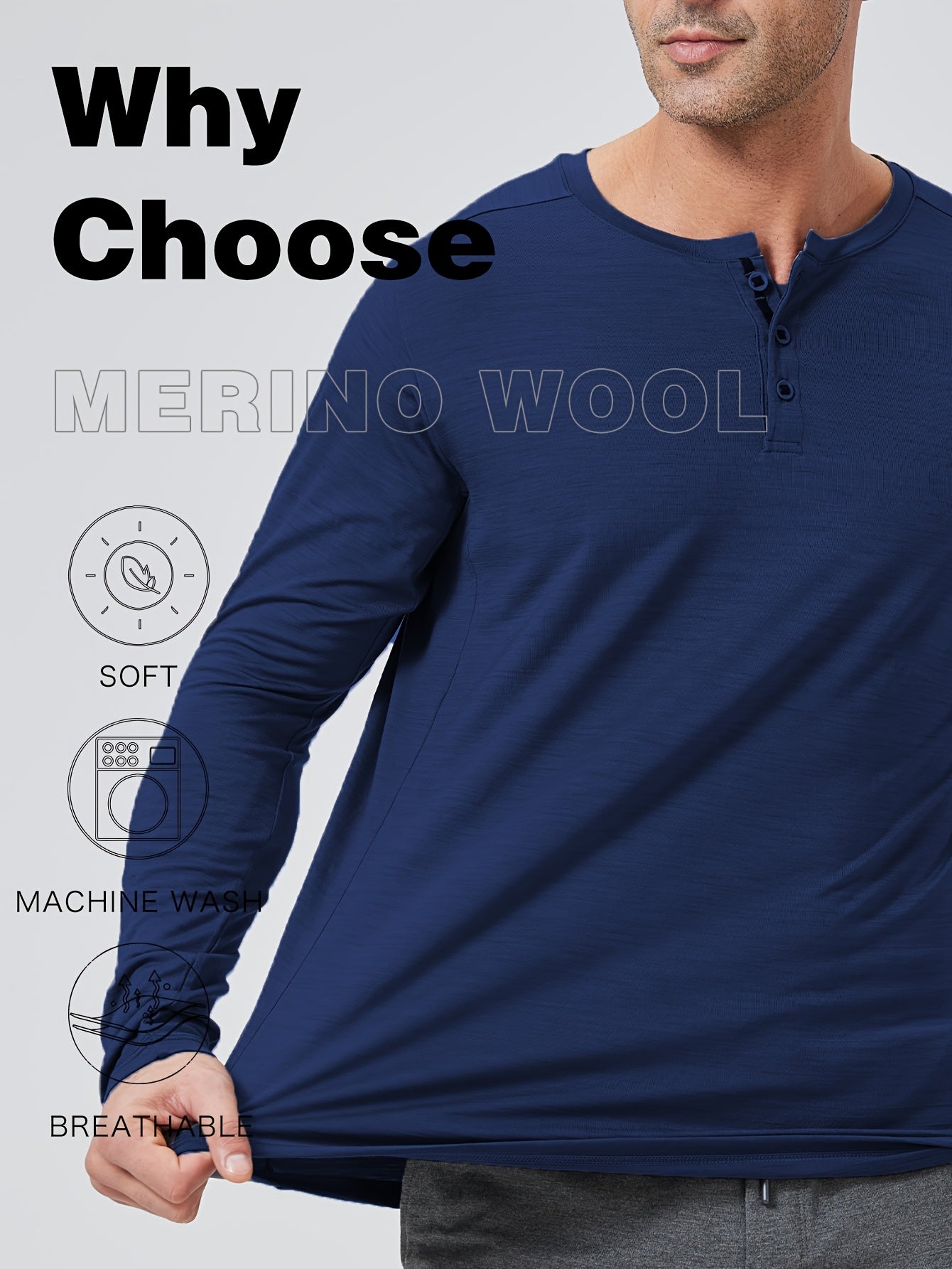 Men's Merino Wool Quick-Dry Long-Sleeve Henley Thermal Base Layer – Autumn/Winter Skiing Essential