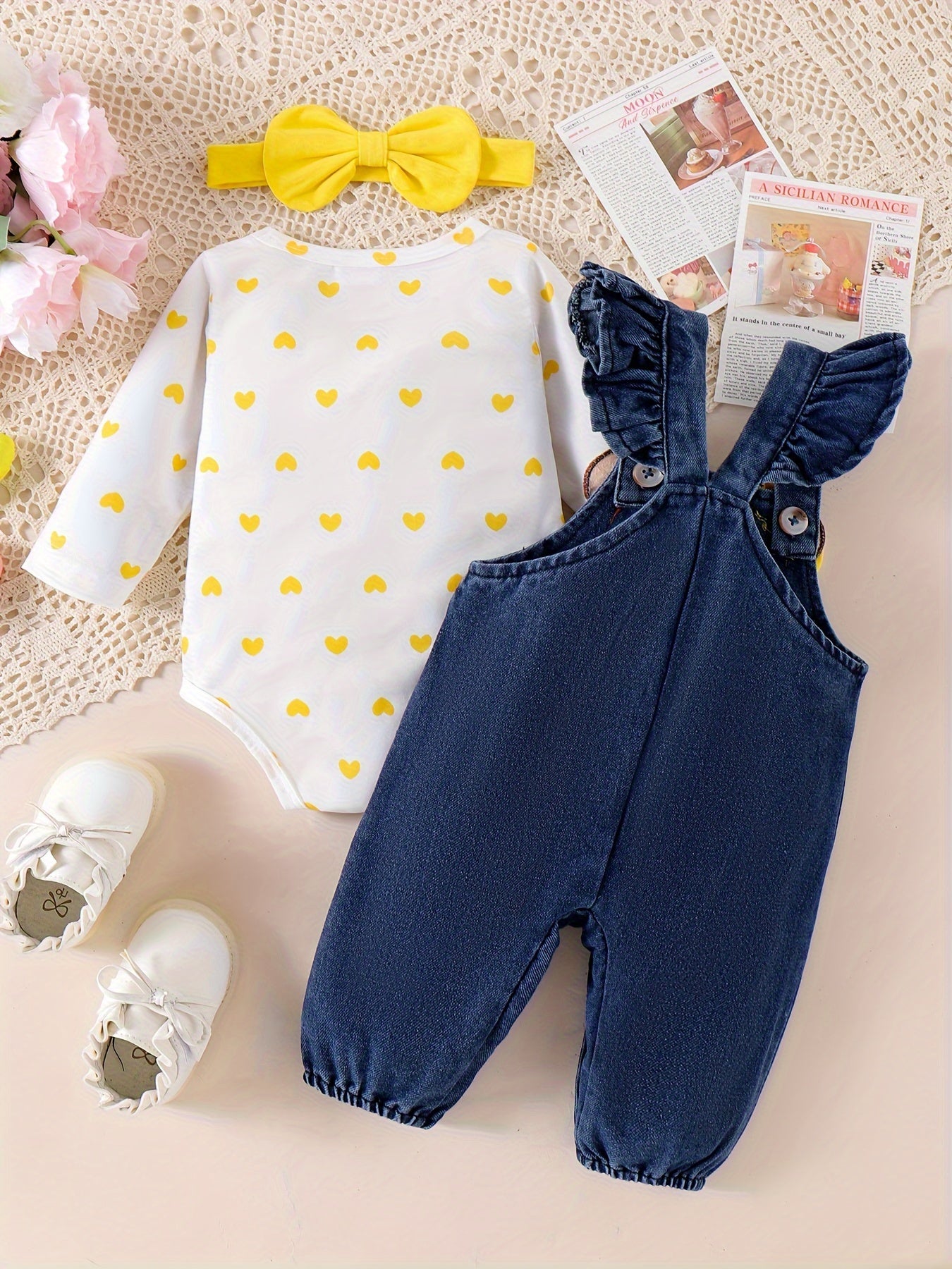 Baby Girl Two-Piece Outfit – Bear Romper & Denim Strap Pants, 0-18 Months