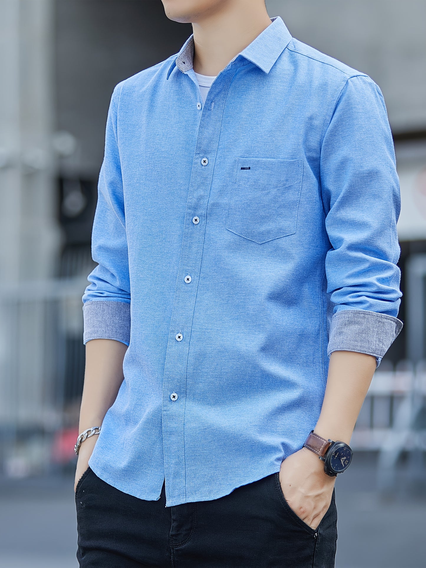 Men's Casual Button-Up Shirt with Contrast Cuffs & Chest Pocket – Embroidered Long Sleeve 2pcs Set, All-Season Wear