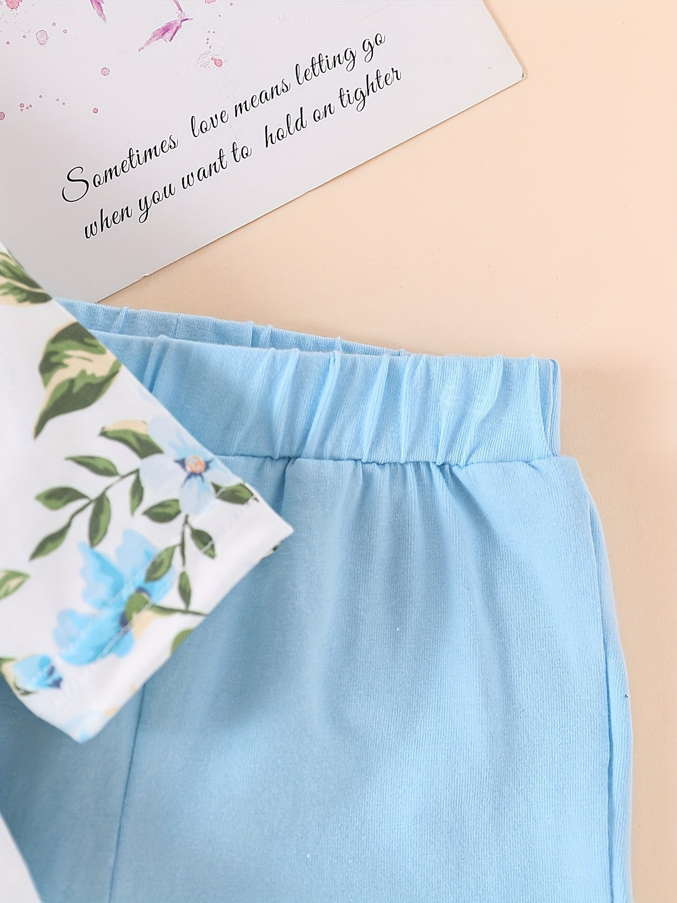 Girls' Blue Floral Long-Sleeve Top & Lace-Trim Pants Set