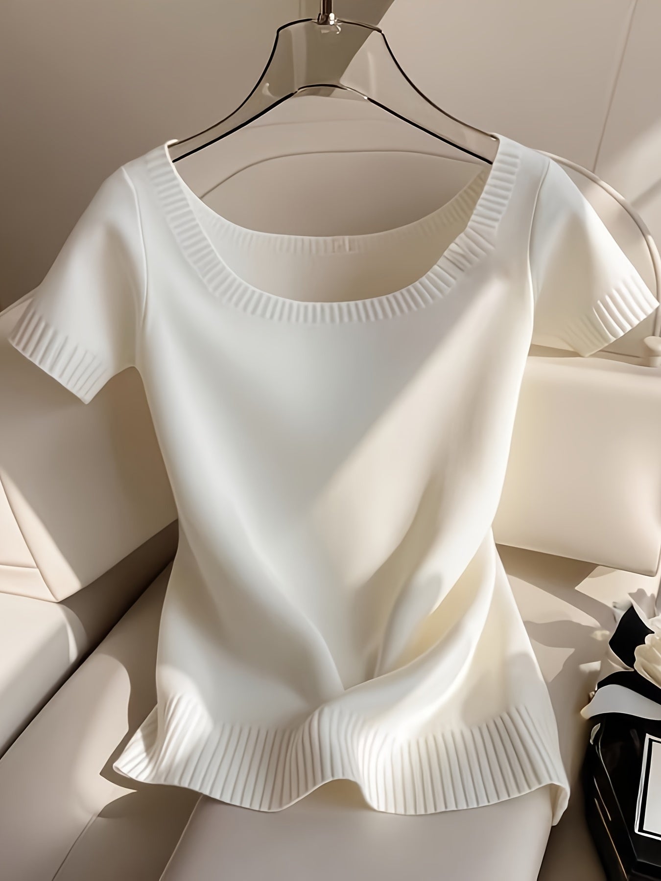Women’s Elegant Ribbed Top – Short Sleeve Round Neck Casual Summer Blouse