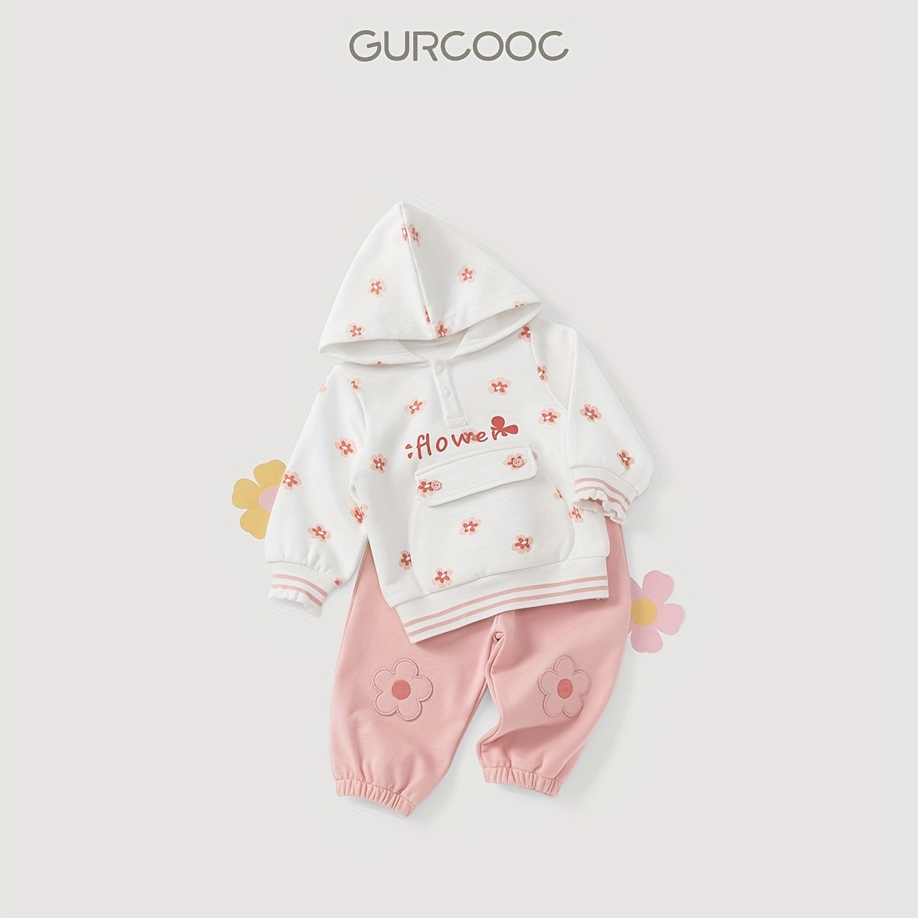 Gurcooc Girls' Hooded Sweatshirt & Pants Set – Floral Print Long Sleeve Pullover with Front Buttons, Spring/Fall Casual Outfit for Outdoor Play