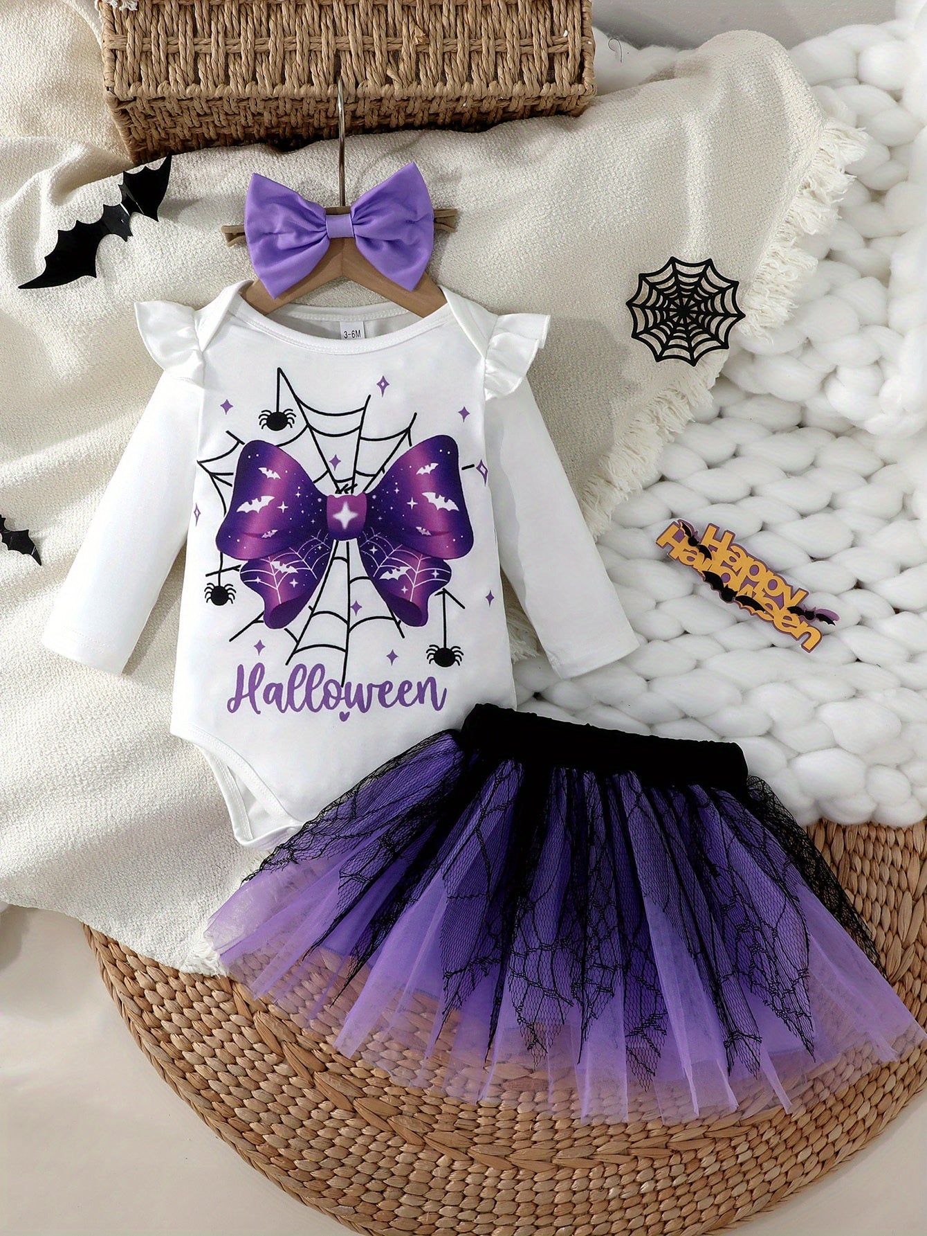 🕷️ Baby Girl Witch Outfit – Spider Bow Bodysuit & Black-Purple Mesh Skirt, Cute Halloween Costume