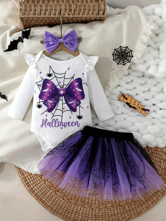 🕷️ Baby Girl Witch Outfit – Spider Bow Bodysuit & Black-Purple Mesh Skirt, Cute Halloween Costume