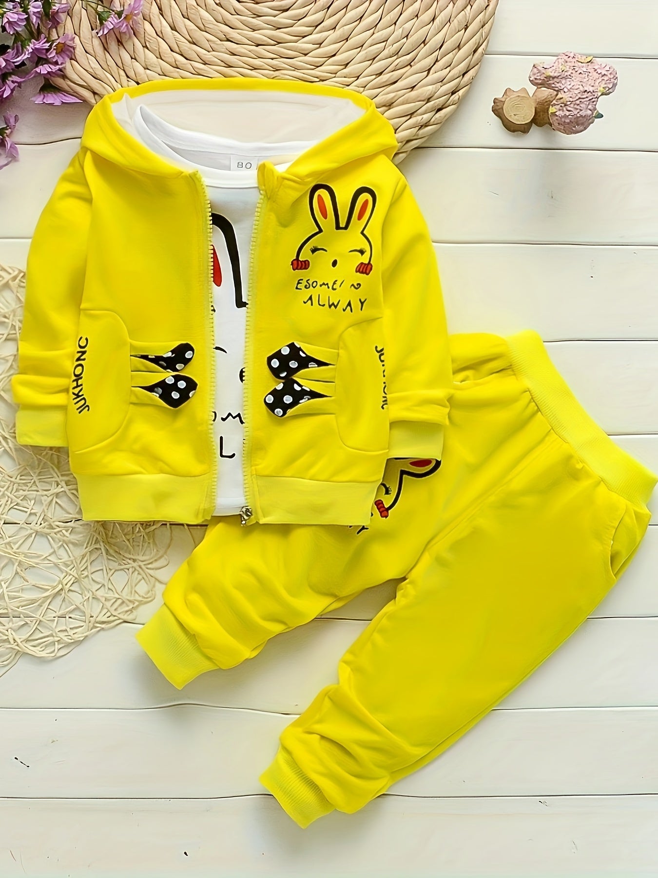 Autumn Girls' Zip-Up Rabbit Cardigan Three-Piece Set – Spring Baby Casual Outfit, Perfect for Outdoor
