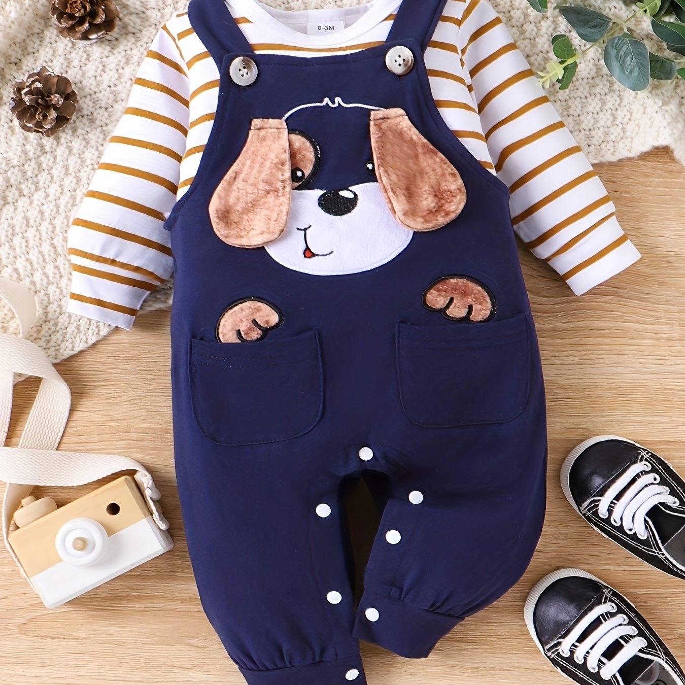 Baby Boy Fall/Winter Romper Set – Long Sleeve Stripe Bodysuit with Adjustable Suspender Pants, 0-18 Months