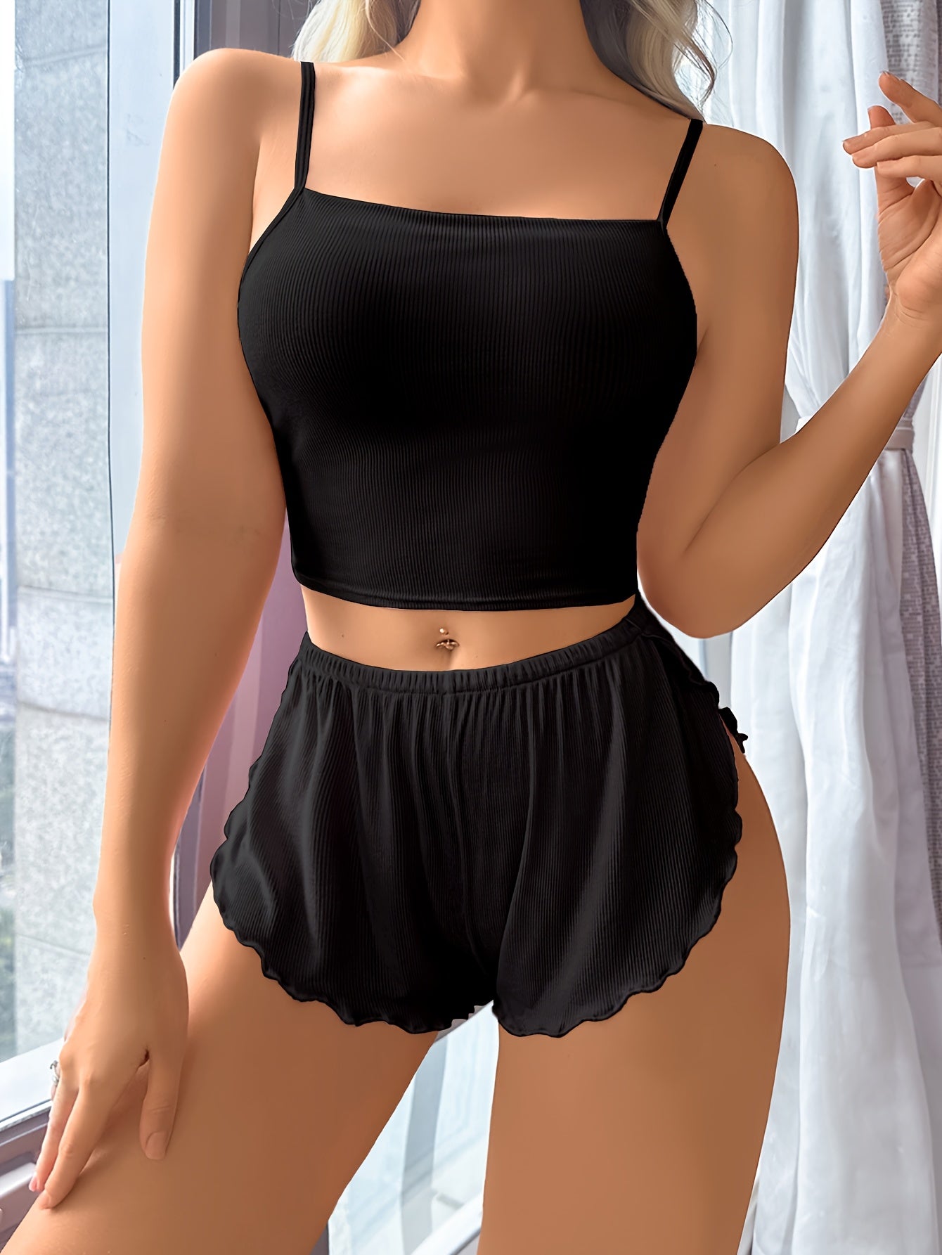 Women’s Pink Ribbed Pajama Set – Sleeveless Crop Top & Elastic Waist Shorts, Comfy Sleepwear