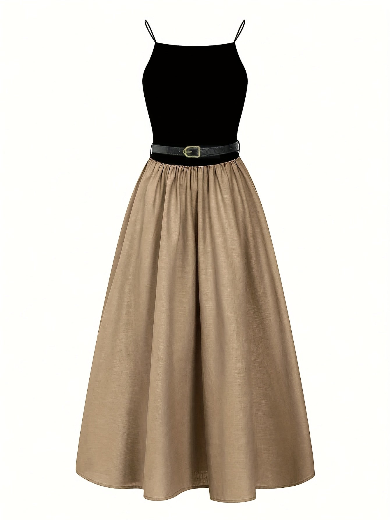 Women’s Boho-Chic Maxi Dress – Spaghetti Strap A-Line Dress with Belt, All-Season Casual & Formal Wear