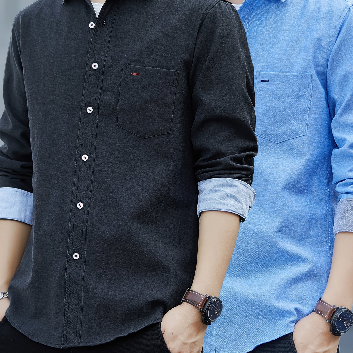Men's Casual Button-Up Shirt with Contrast Cuffs & Chest Pocket – Embroidered Long Sleeve 2pcs Set, All-Season Wear