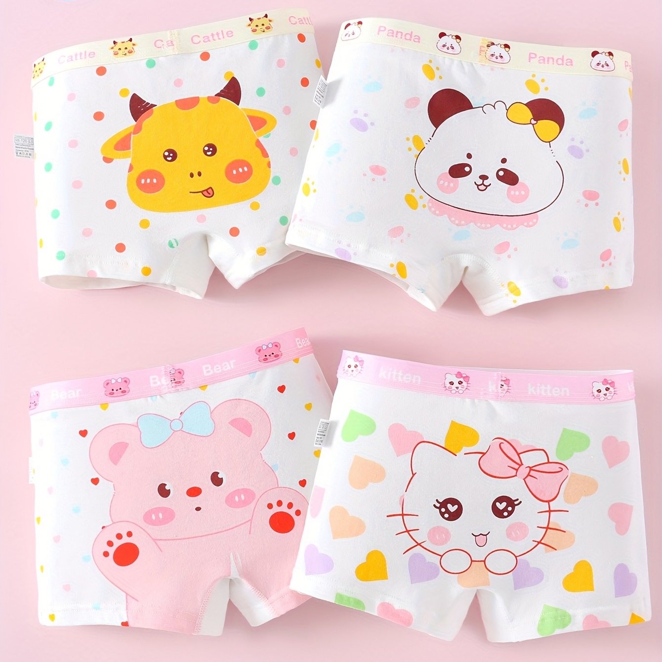 4pcs Girls' Cartoon Animal Boxer Briefs – Soft Cotton, Comfortable Everyday Underwear for Kids