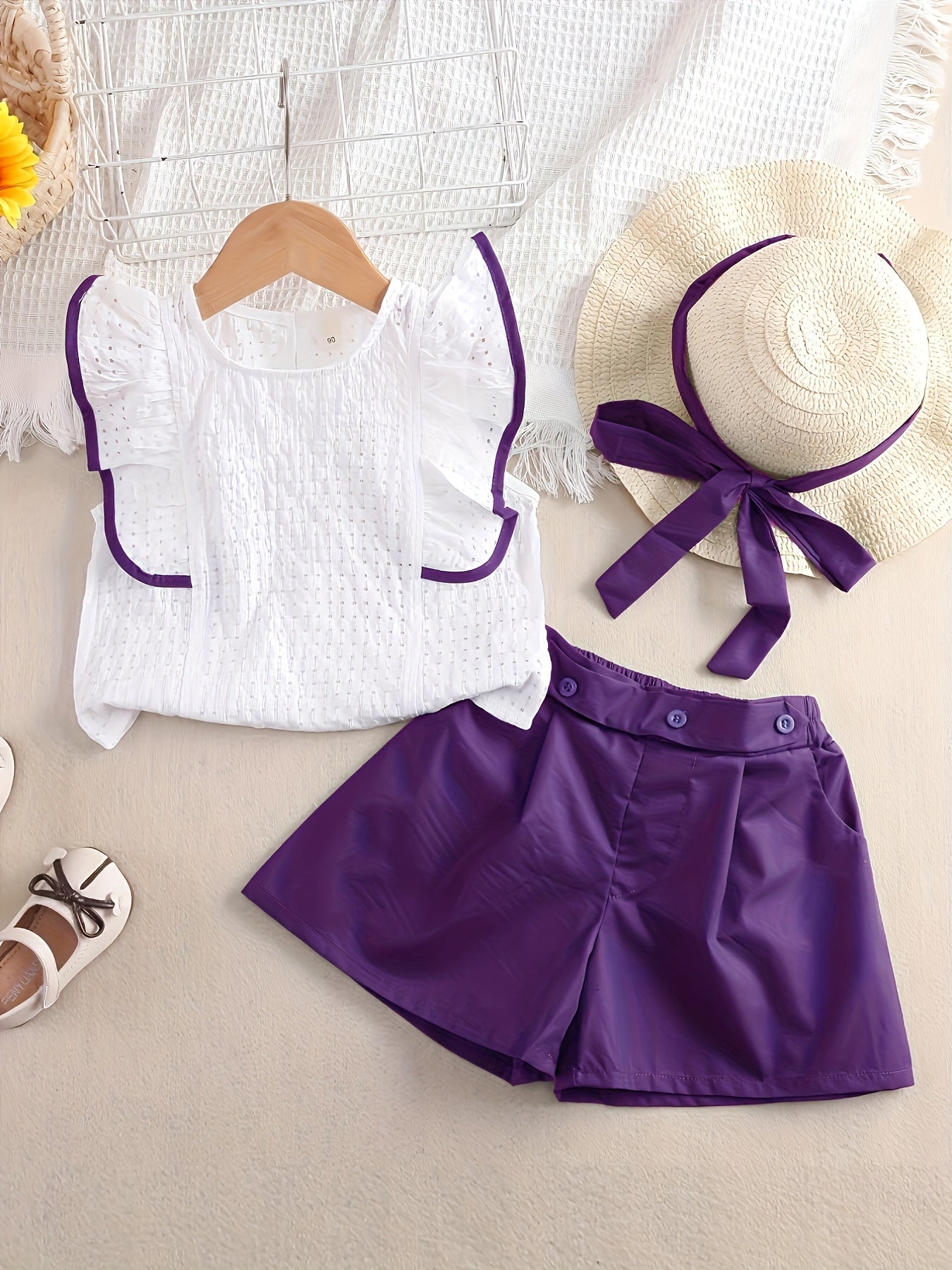 Girls’ Summer 2PCS Outfit – Ruffled Top & Button Shorts with Hat