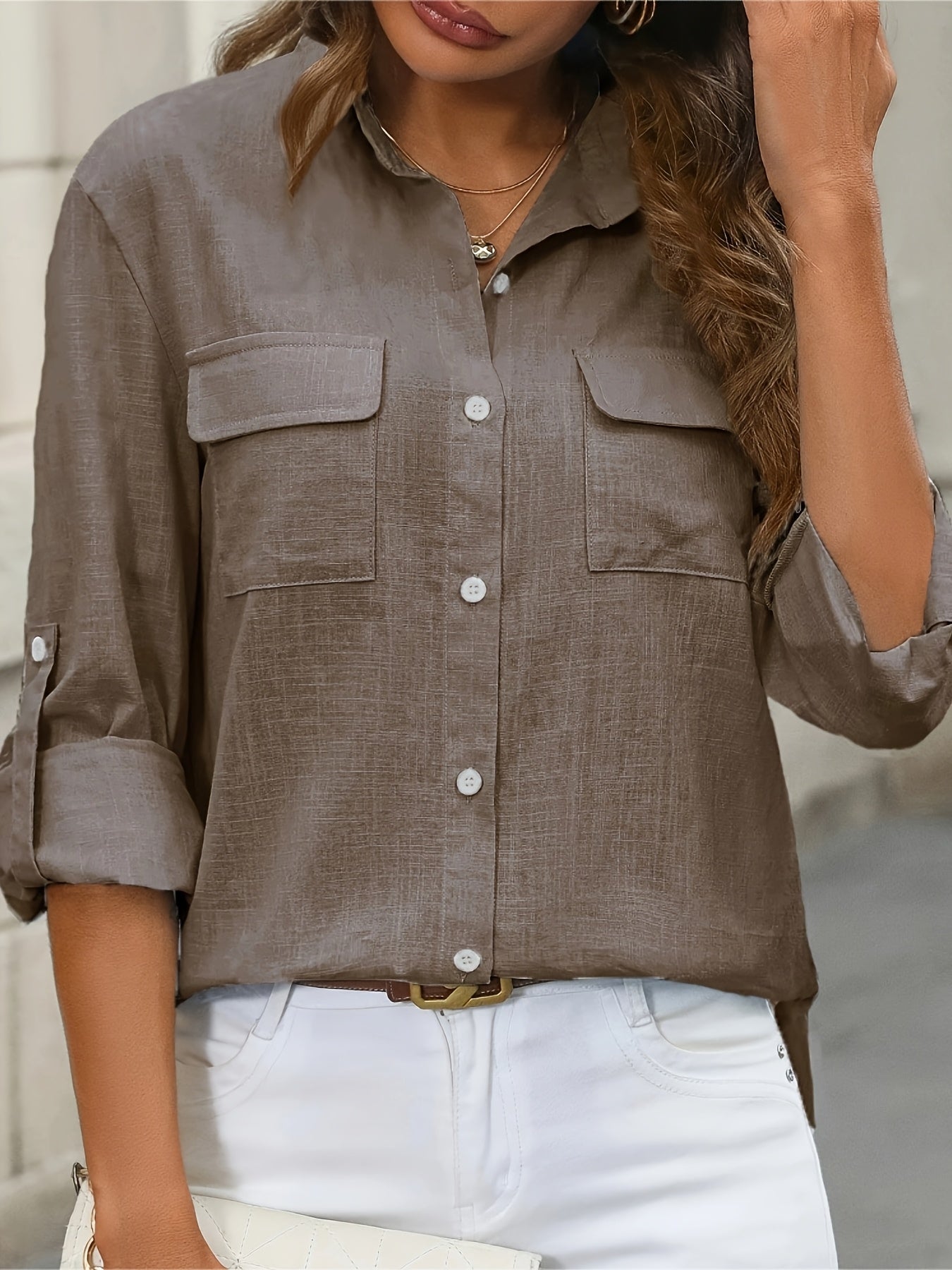 Women’s Long Sleeve Button-Up Blouse – Elegant Office & Casual Shirt with Classic Collar