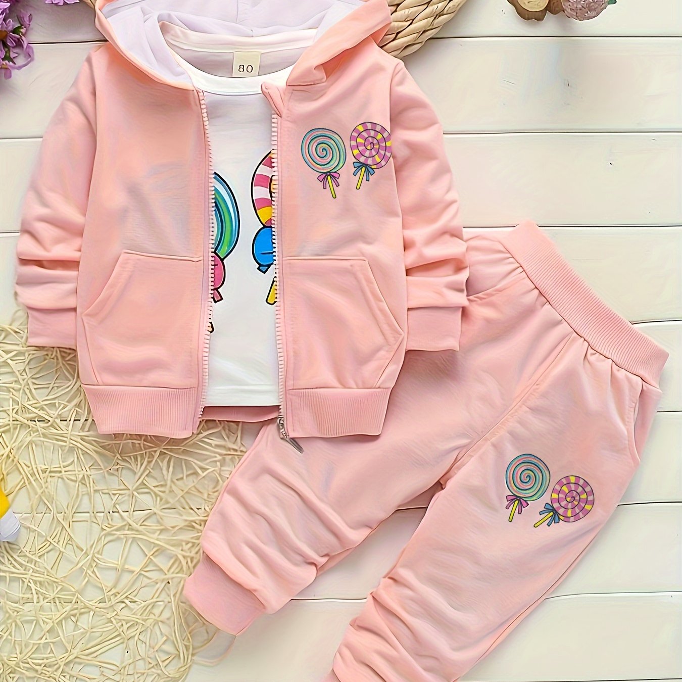 Girls’ 3PCS Long-Sleeve Outfit – Lollipop Print Hooded Sweatshirt Set for Spring/Autumn