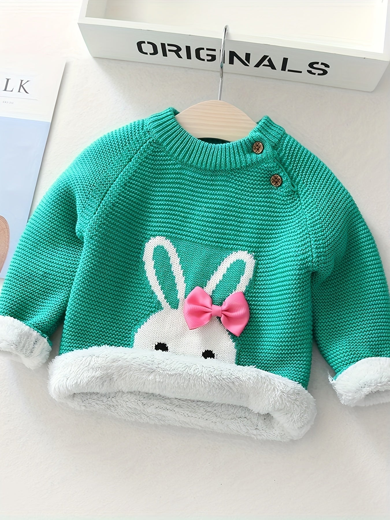 🐰 Girls’ Bunny Bow Sweater – Cozy Fleece Winter Pullover