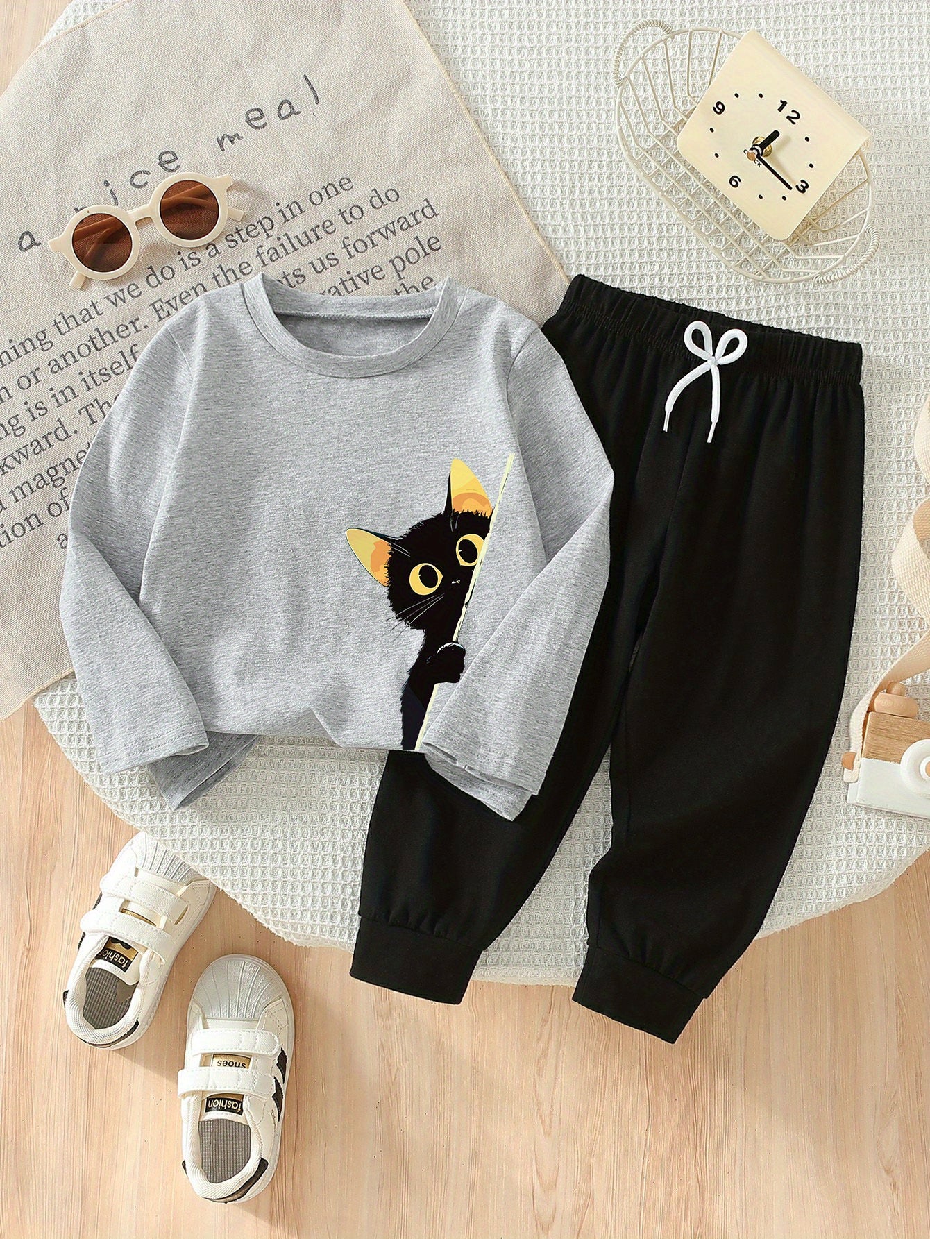 Girls’ 2PCS Outfit – Cat Print Long Sleeve Tee & Wide-Leg Pants, Spring/Fall Casual Wear
