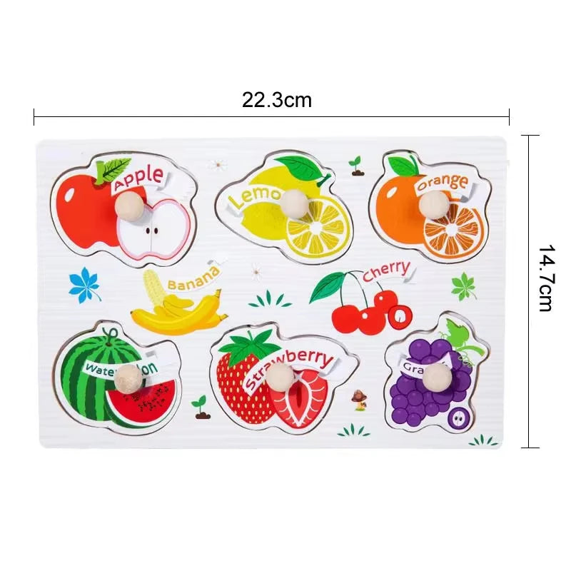 Montessori Wooden Peg Puzzles – 3D Cartoon Animal & Fruit Educational Toys