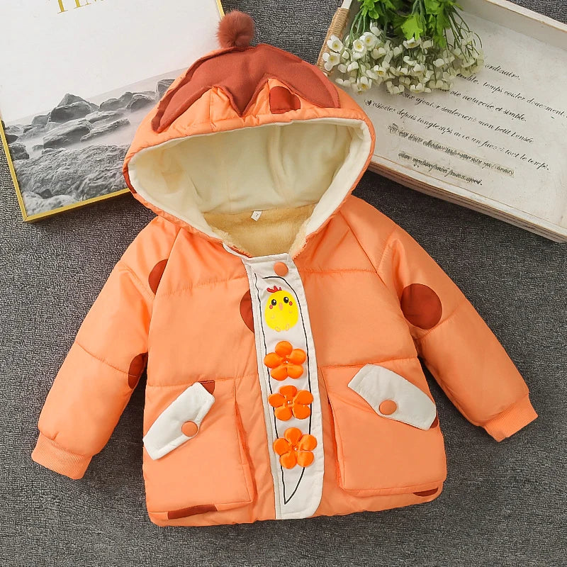 Casaco quente de inverno para bebés de 1 a 5 anos, roupas confortáveis ​​e elegantes para meninos e meninas, adorável fantasia de desenho animado para crianças