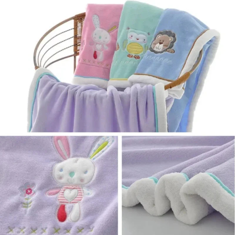 Baby Blankets Newborn Cartoon Embroidery, Flannel