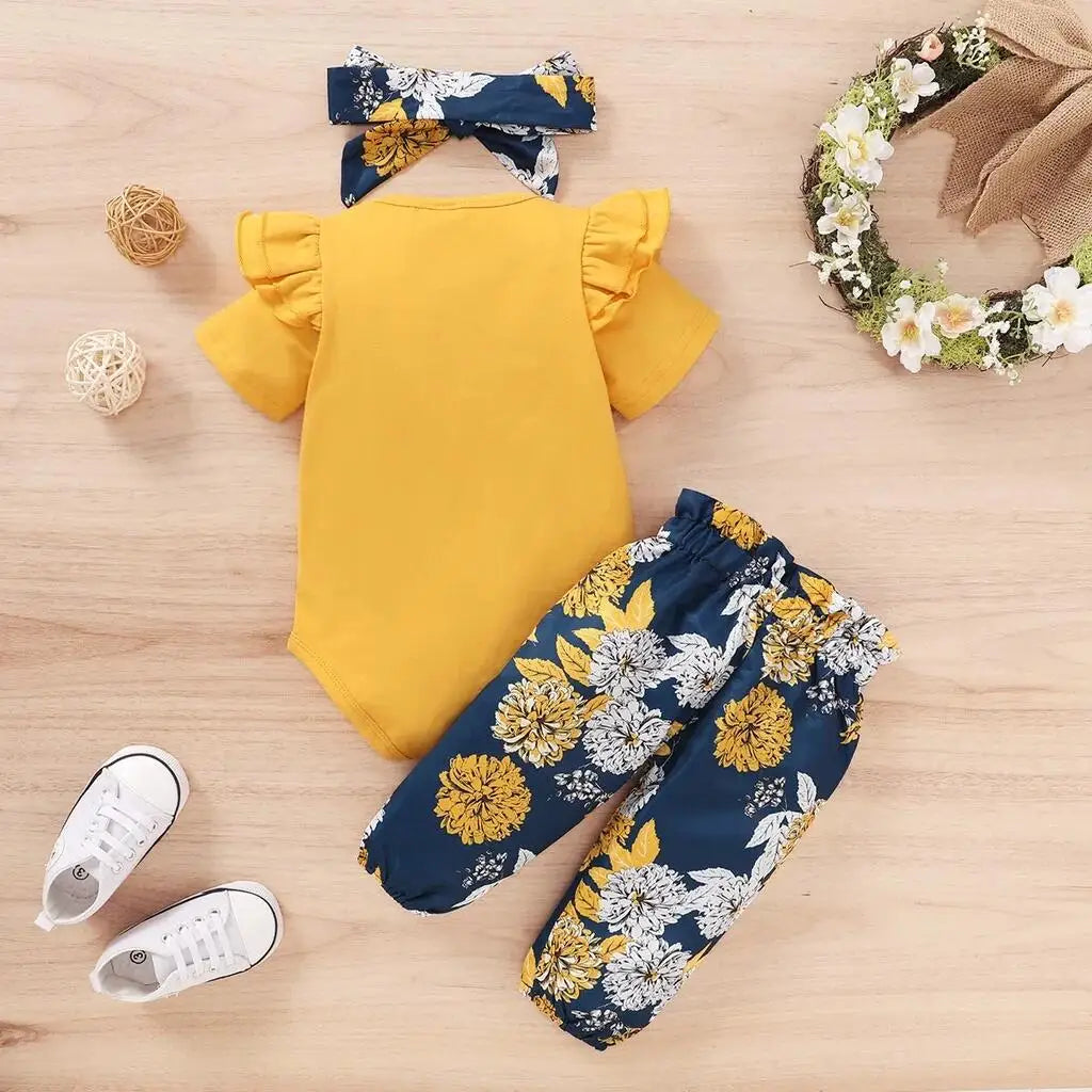 3PCS Newborn Girl Outfit – Floral Pants, Bow Headband & Short Sleeve Bodysuit