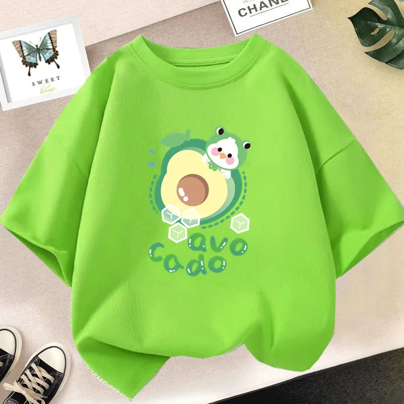Girls’ Cute Avocado T-Shirt – Loose Summer Cartoon Fruit Top
