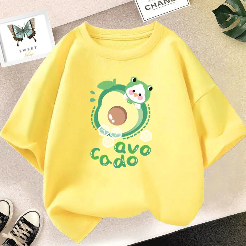 Girls’ Cute Avocado T-Shirt – Loose Summer Cartoon Fruit Top