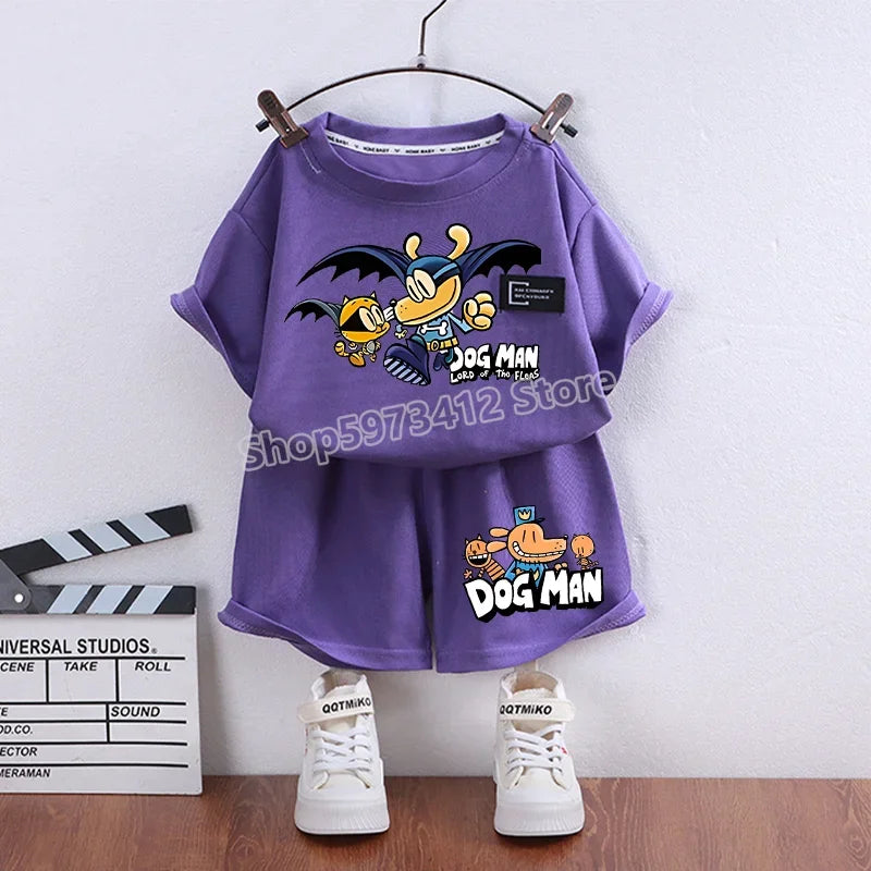 Dog Man Summer Outfit – Cartoon T-Shirt & Shorts Set for Boys & Girls