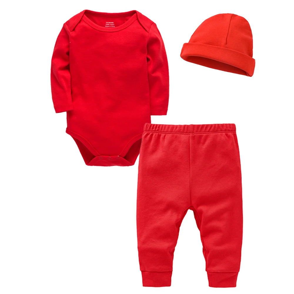 3 Pieces Set 100% Cotton Baby Rompers Pants Hat  Trousers Plain Newborn Clothing