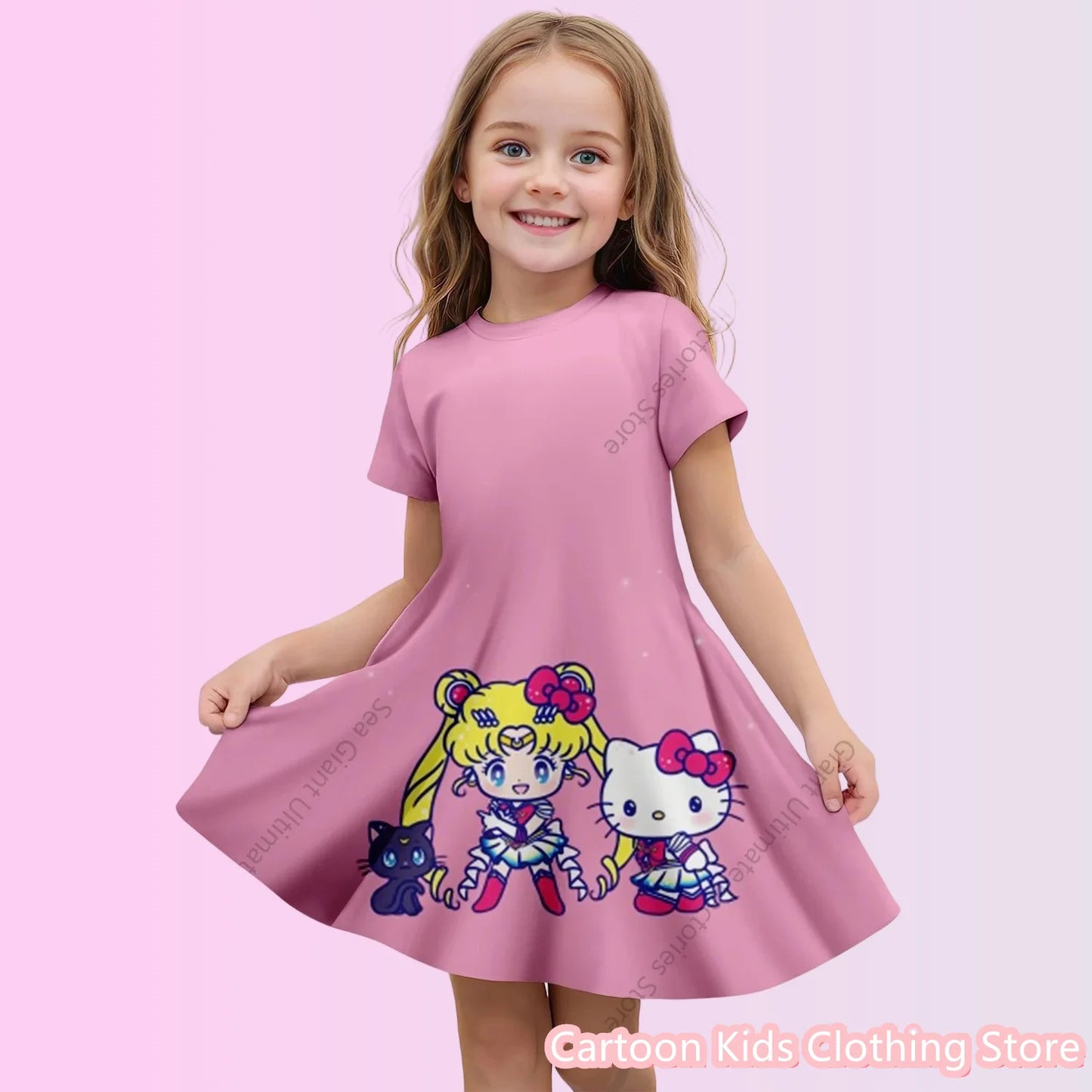 Girls’ Cartoon Princess Dress – 3D Cinnamoroll & Hello Kitty Short Sleeve Outfit