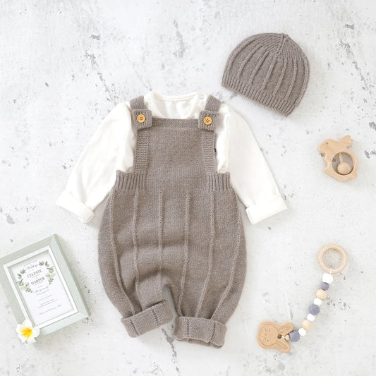 Knitted Baby Romper & Hat Set – Sleeveless Strap Jumpsuit for Newborn Boys & Girls