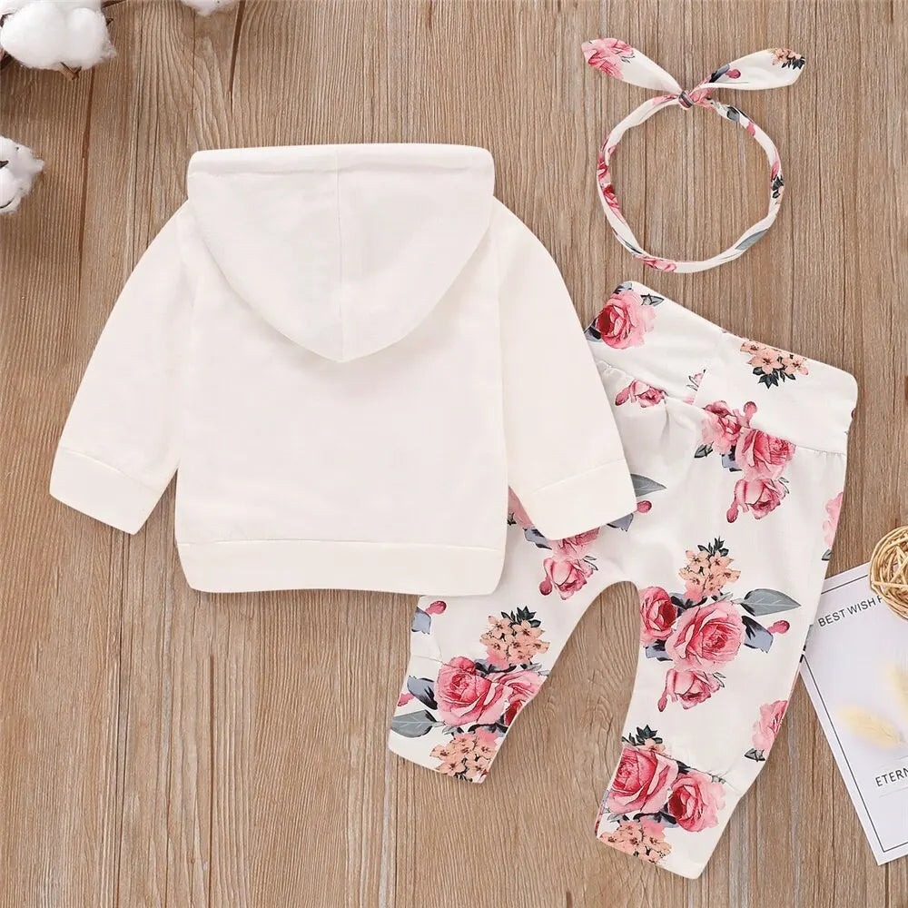 3PCS Baby Girl Outfit (0–18M) – Floral Hoodie, Pants & Bow Headband Set