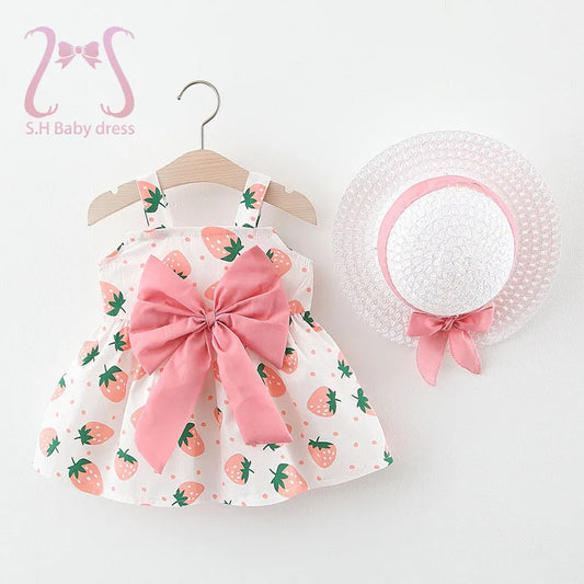 2pcs Toddler Girls Summer Dress Set – Bow & Strawberry Sleeveless Outfit (0-3Y)