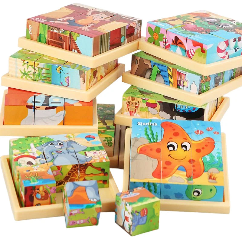 3D Wooden Cube Puzzle – 6-Sided 9-Piece Montessori Educational Toy for Kids