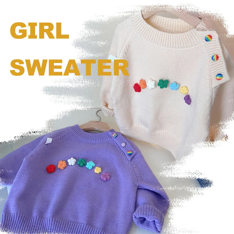 2025 Baby Girls’ Floral Sweater – Autumn/Winter Sweet Knit Round Neck Top