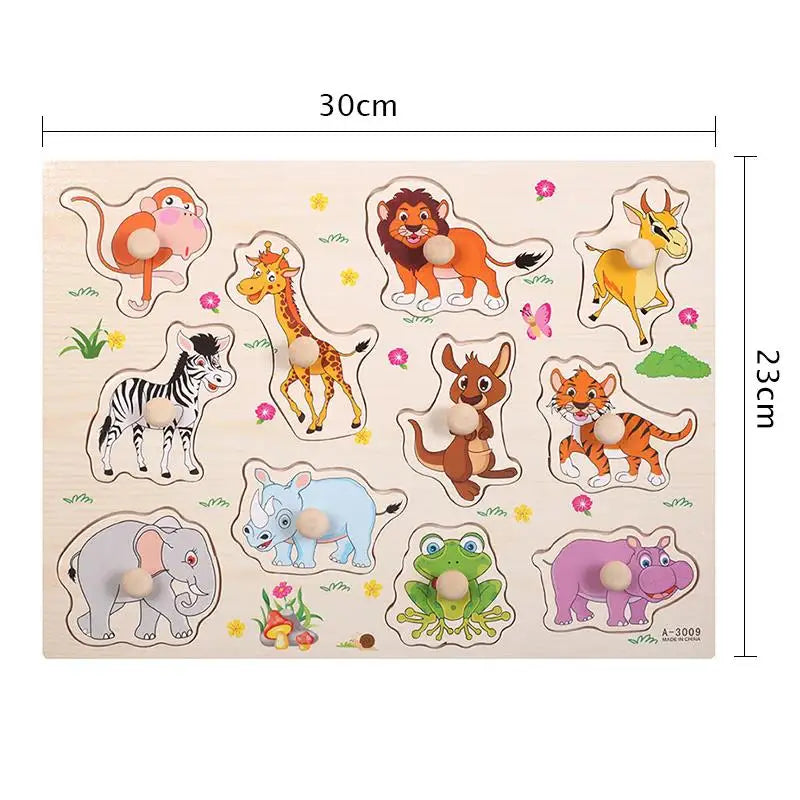Montessori Wooden Peg Puzzles – 3D Cartoon Animal & Fruit Educational Toys