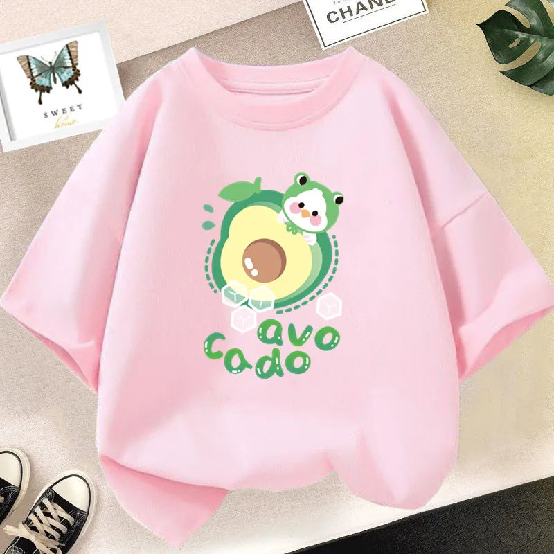 Girls’ Cute Avocado T-Shirt – Loose Summer Cartoon Fruit Top