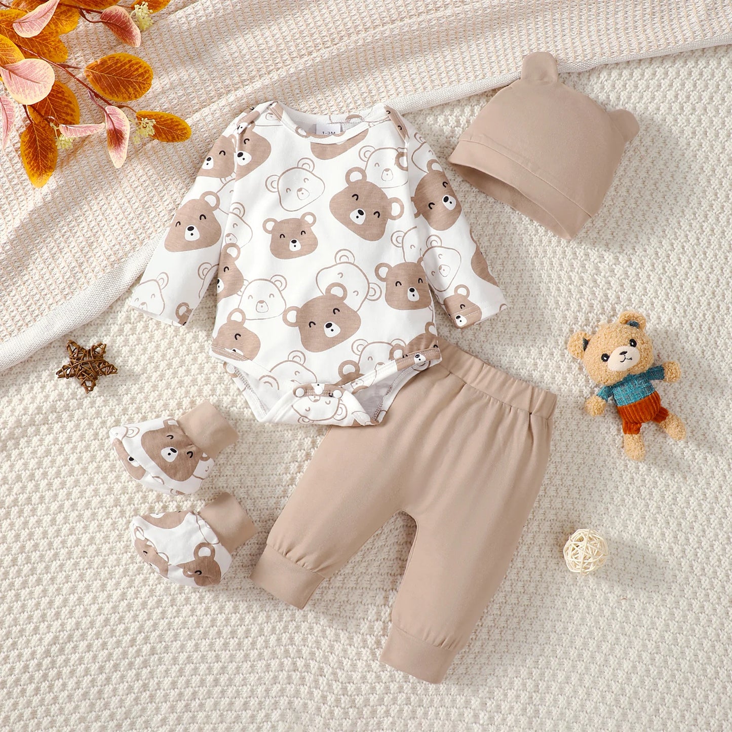 Conjunto de bebé menino dos 0 aos 9 meses, macacão de manga comprida com urso pequeno, calças, gorro e meias, 4 peças/conjunto, roupa para bebé primavera outono, conjunto para recém-nascido