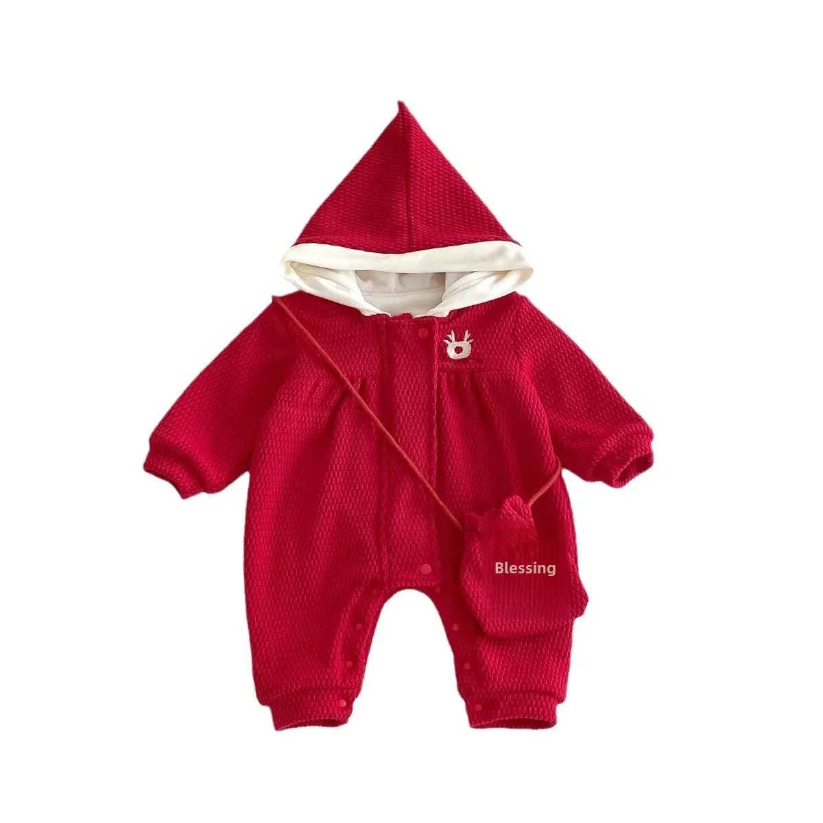 Autumn Winter Fleece Lined Hooded Crawler Suit for Girls Christmas Celebration Red Romper with Cloak Baby New Year Festive Outfi
