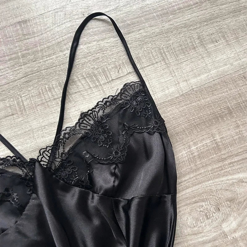 Modisches Nachthemd mit Spitzenkragen in Volltonfarbe für Damen, luxuriöser sexy Hosenträgerrock, seidenartiges, dünnes Kleid, Nachtwäsche für Zuhause