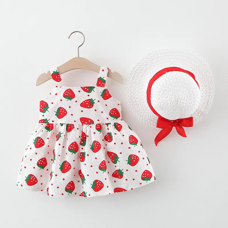 2pcs Toddler Girls Summer Dress Set – Bow & Strawberry Sleeveless Outfit (0-3Y)