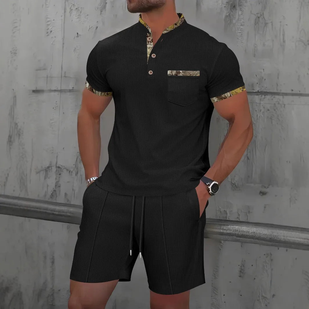 2025 Men Europe and the United States Waffle solid color zip-up lapel short-sleeve