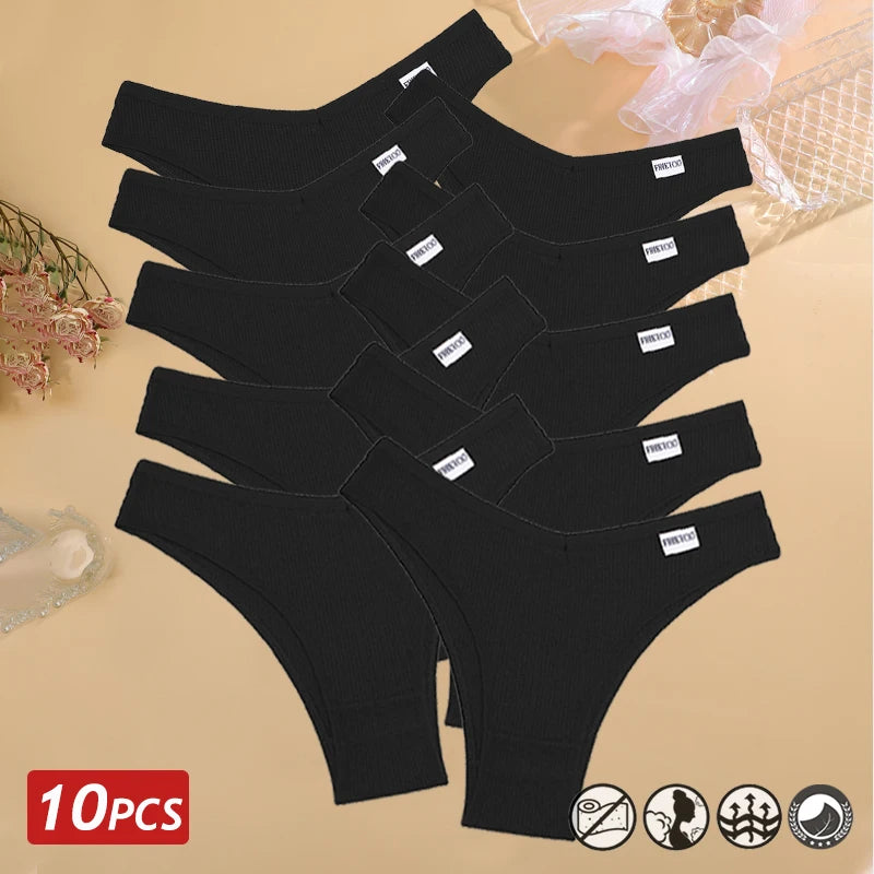 10PCS Women's Waffle Cotton Brazilian Panties – Sexy Low Waist T-Back Bikini Lingerie Set
