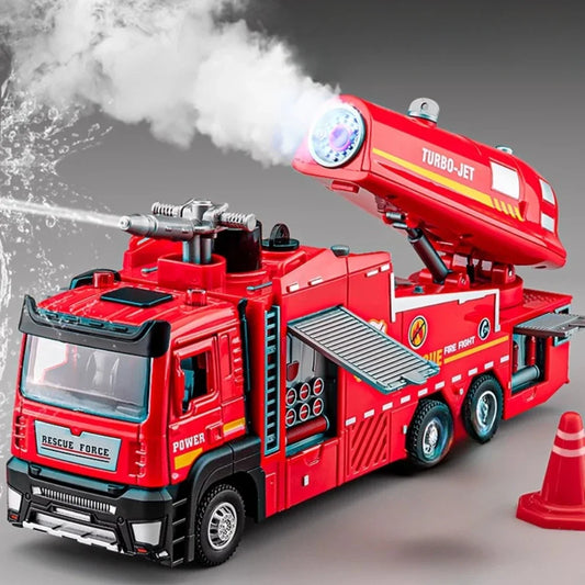 1:32 Scale Water Spray Fire Truck, Sound Light Pull Back Doors Opened Vehicle