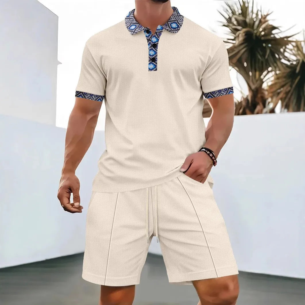 2025 Men Europe and the United States Waffle solid color zip-up lapel short-sleeve