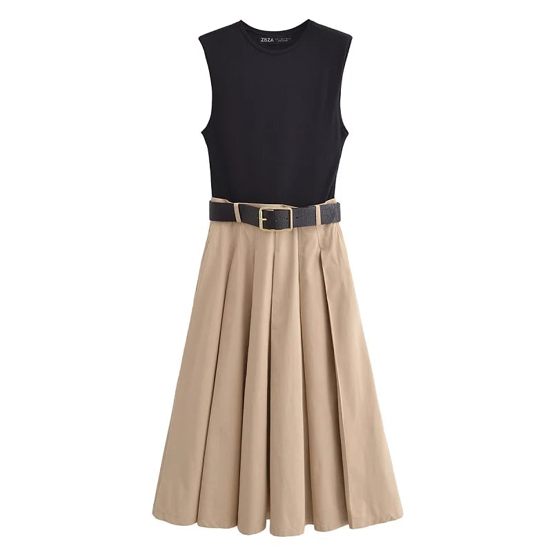 2025 Ärmelloses Plissee-Midikleid für Damen – Gestricktes Sommerparty-Sommerkleid mit Gürtel