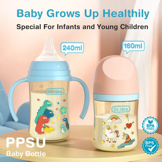 BPA-Free PPSU Baby Bottle – Drop-Proof Wide-Caliber Feeding Bottle with Handles (160/240ml)