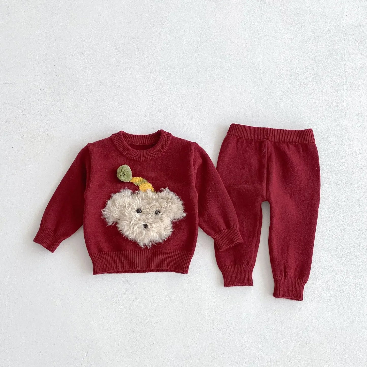 Baby Toddler Knitted Sweater Pants Set Cartoon Dog 3D Fluffy Red Brown Infant Autumn Winter Warm Outfit