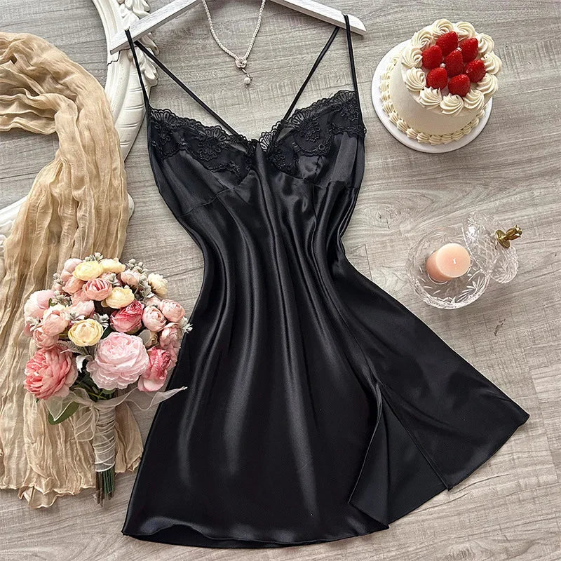 Modisches Nachthemd mit Spitzenkragen in Volltonfarbe für Damen, luxuriöser sexy Hosenträgerrock, seidenartiges, dünnes Kleid, Nachtwäsche für Zuhause