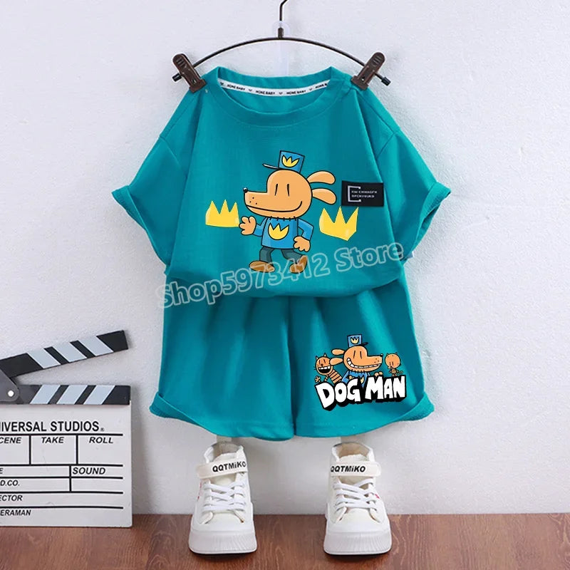 Dog Man Summer Outfit – Cartoon T-Shirt & Shorts Set for Boys & Girls