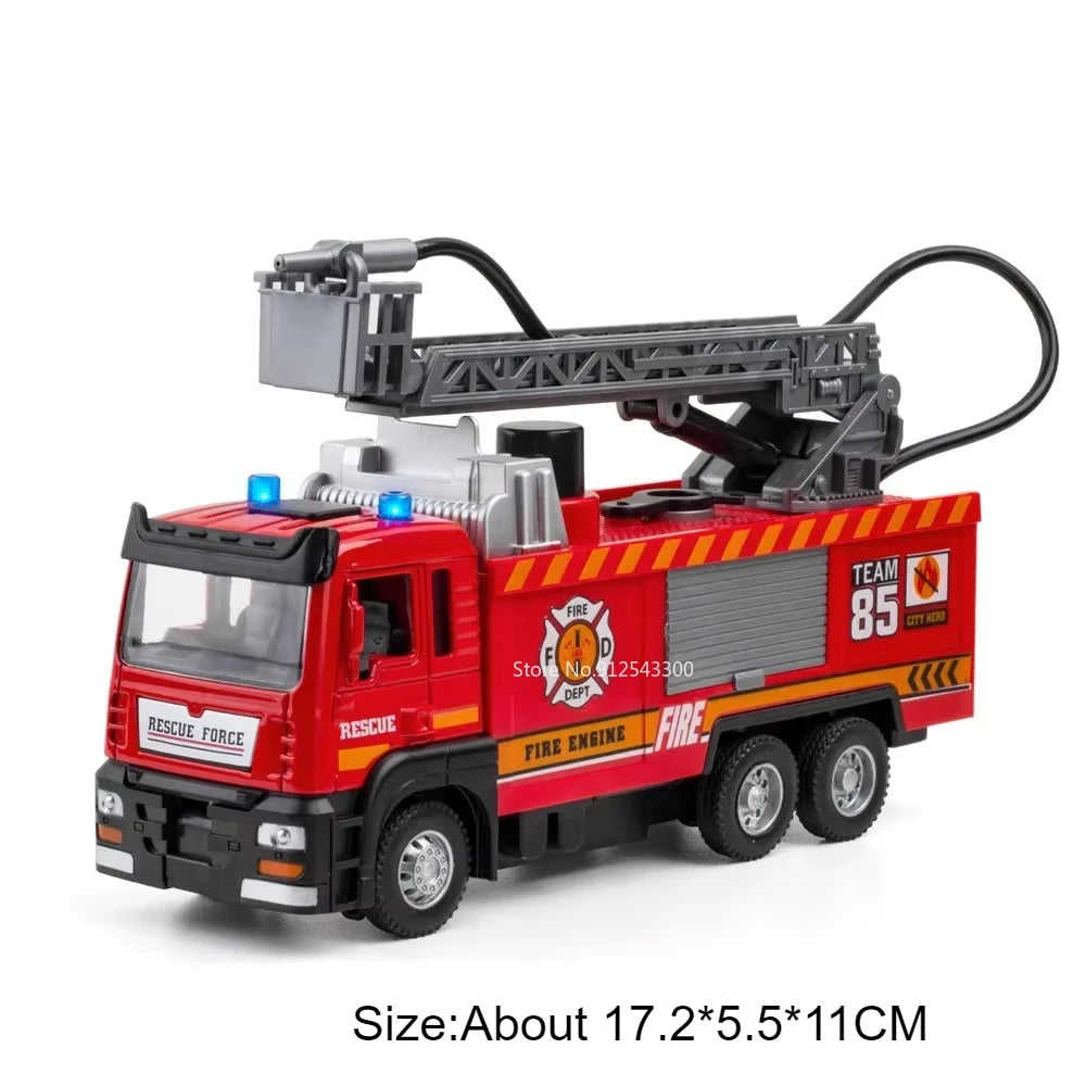 1:32 Scale Water Spray Fire Truck, Sound Light Pull Back Doors Opened Vehicle