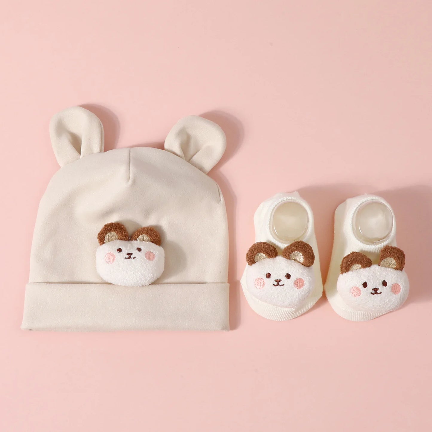 Baby Hat & Socks Set – Knit Cotton Beanie with Ear Design for Newborns & Toddlers